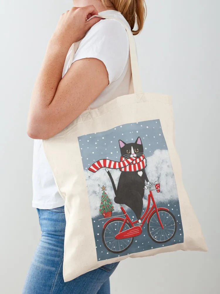 Tuxedo Cat Winter Bicycle Ride Tote Bag women bag Canvas shoulder bag large tote shopping trolley Canvas Tote