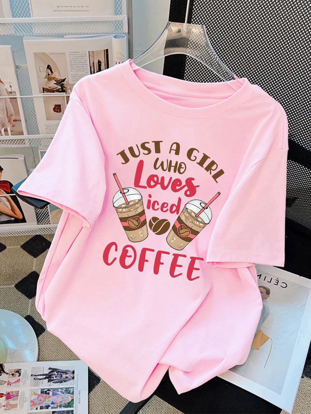 

Summer T-Shirts Women Cotton Just A Girl Who Loves Iced Coffee Print Tops O-Neck Comfortable Loose T Shirt Basic Woman Clothes