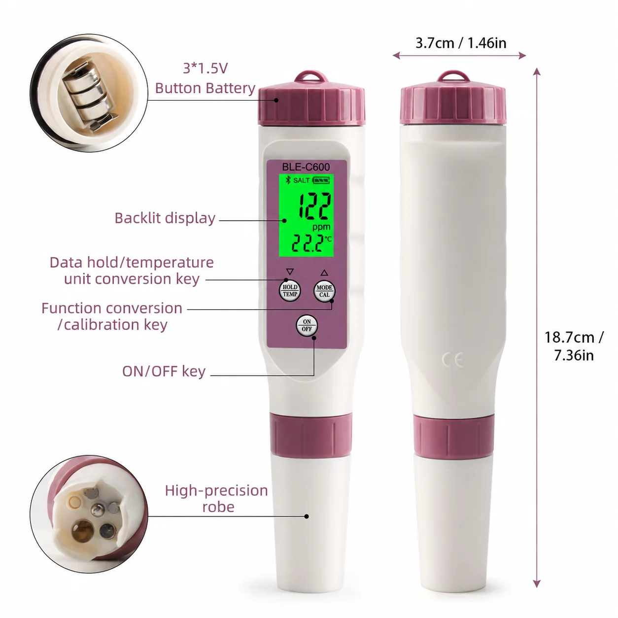 7 in 1 Smart Bluetooth Water Quality Tester PH Meter High Precision Auto Calibration APP Control Aquarium Pool Hydroponics