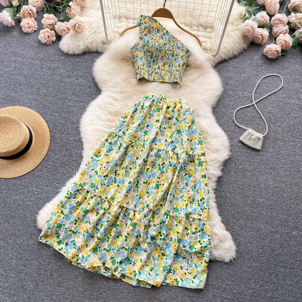 

Vacation Fragmented Flower Print Set Women's Summer Slanted Neck Sleeveless Short Top+High Waist A-line Half skirt Two piece Set