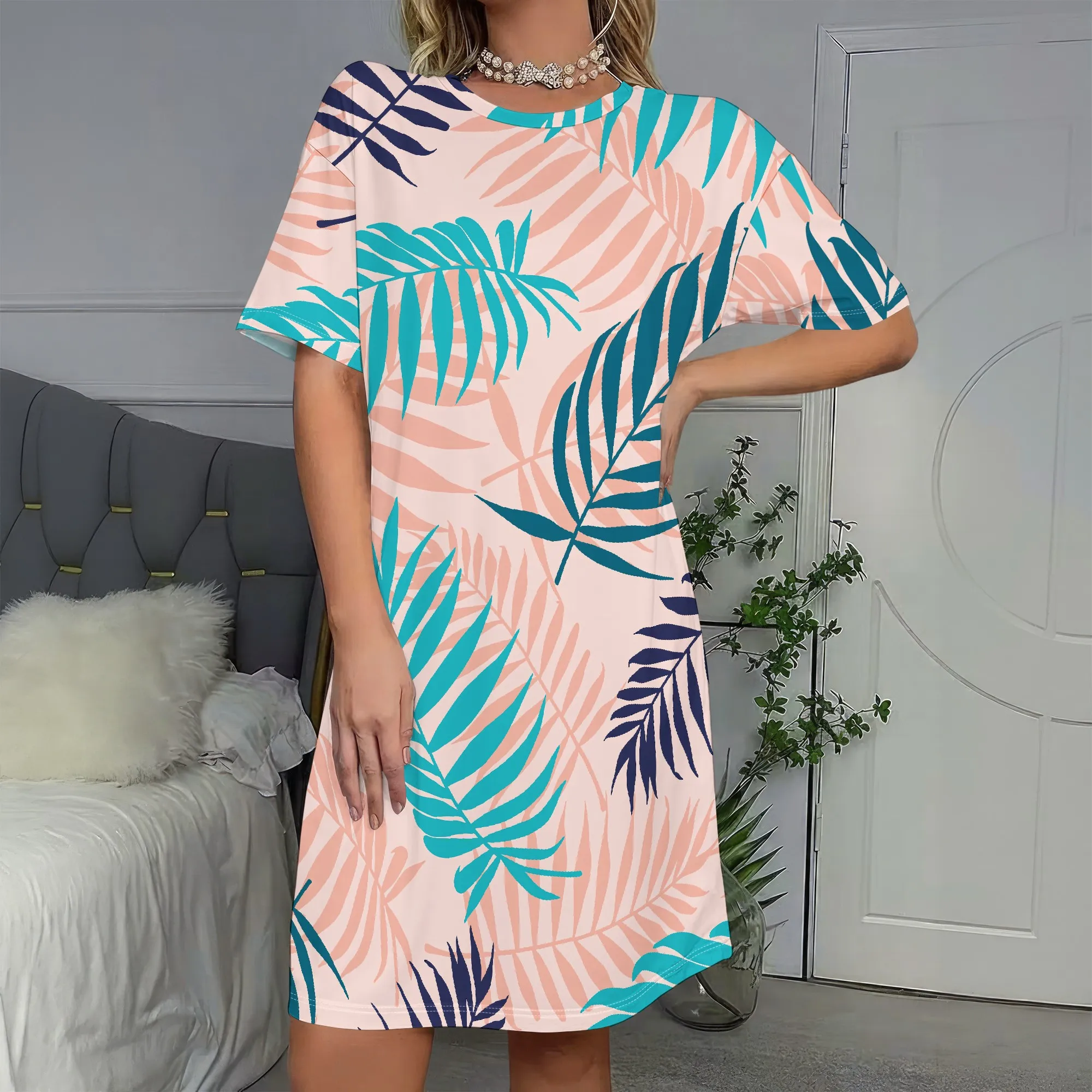 

Tropical Print, Summer Dress, Short Sleeve T-Shirt Dress, Casual Beach Wear, Vacation Outfit, S-2XL