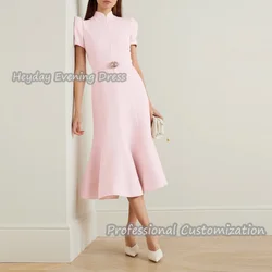 Heyday O-Neck Saudi Arabia Short Sleeves A-Line Prom Gown Beaded Crepe Ruffle Tea Length Elegant luxury Dress For Women 2024