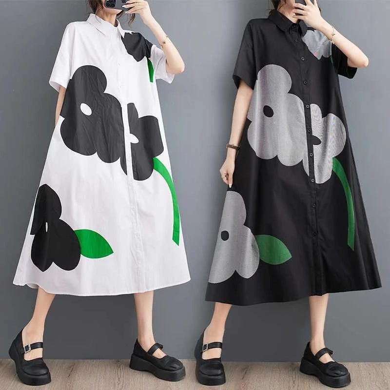 Peint mode nouvel été femme à manches courtes fleurs imprimé chemise noire robe coupe ample Chic décontracté grande taille robe JJXD486