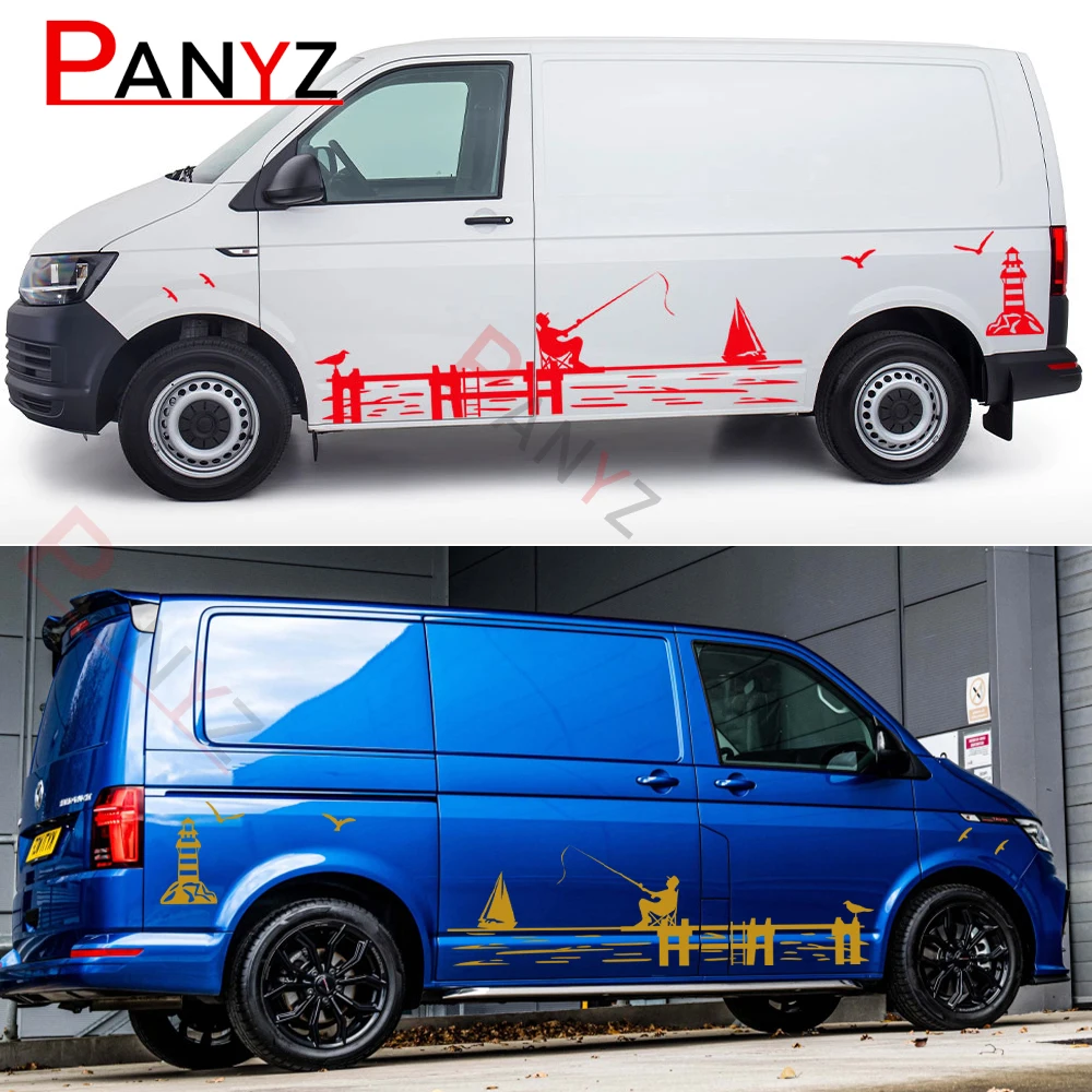 Car Stickers For Volkswagen VW Transporter Bus T4 T5 T6 Caravelle Multivan Lighthouse Fishing Graphics Vinyl Decals Accessories