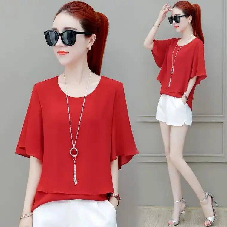 Blusa de chiffon coreana de verão para mulheres, manga curta, para escritório, plus size, elegante e acessível.