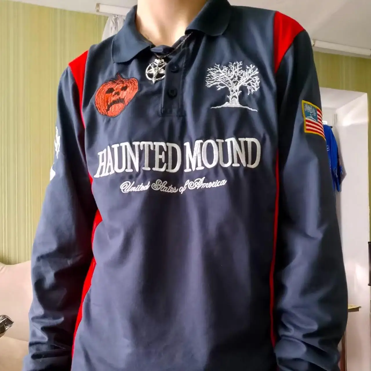 Haunted Mound Homens Retro Camisa Polo de Manga Longa Y2k Casual