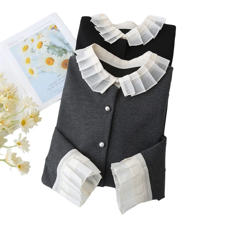 

2026 New Spring Plus Size Ladies Blouse Organza Collar Long Sleeve Button Down Shirt French Cardigan Top 2601