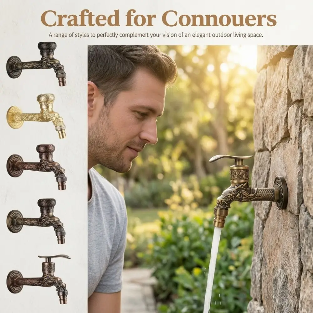 

Bronze Ceramic Valve Core Dragon Faucet Bronze Finish Zinc Alloy Antique Tap Luxury Single Cold Outdoor Garden Taps Toilet Use