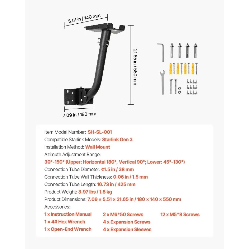 Starlink Gen 3 Mount Adjustable Wall Mounting Standard Gen 3 Pipe Kit