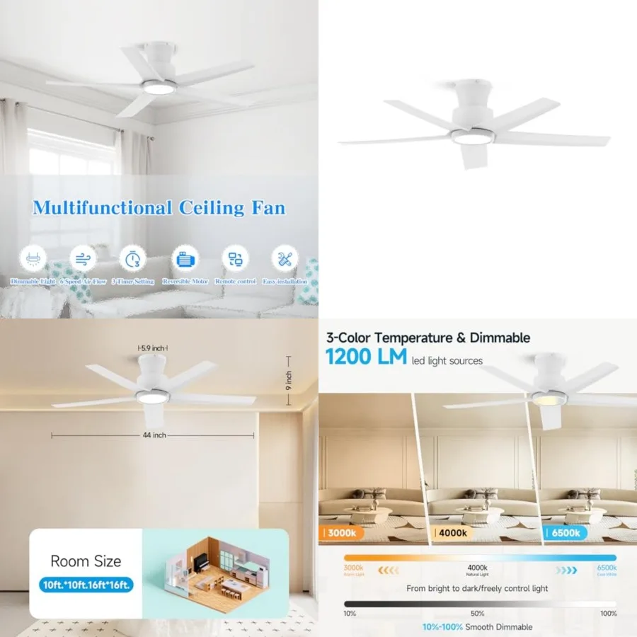 Ceiling Fans with Lights and Remote, Dimmable Ceiling Fans with Reversible Quiet DC Motor, Flush Mount, 3CCT, Ceiling Fan for B