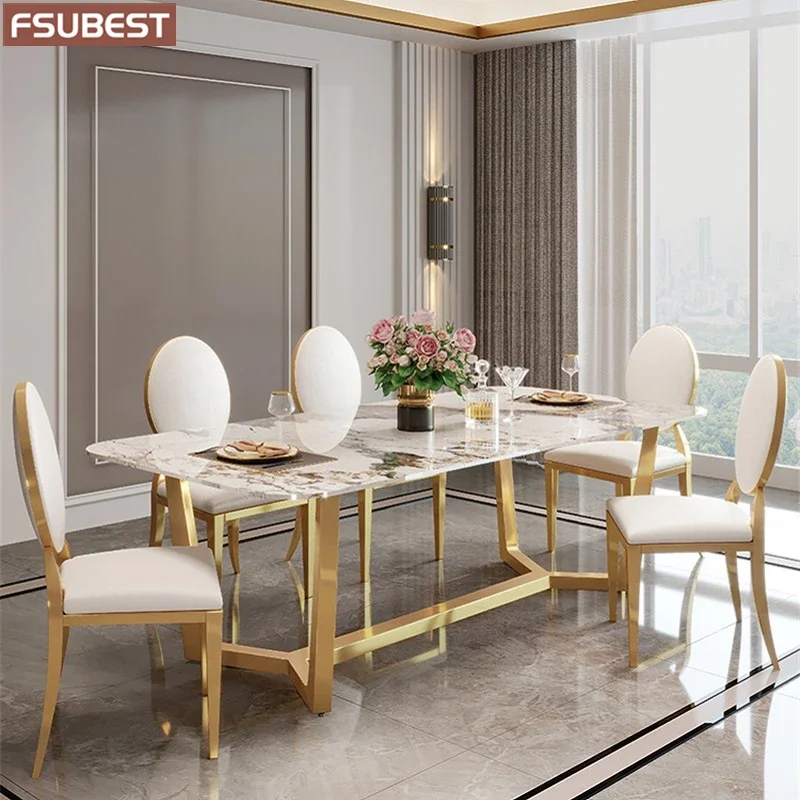 Luxury Marble Rock Slab Dining Table Set 4 6 Chairs Mesa De Jantar Comedor A Manger Sillas Tisch Posta Stainless Steel Gold Base