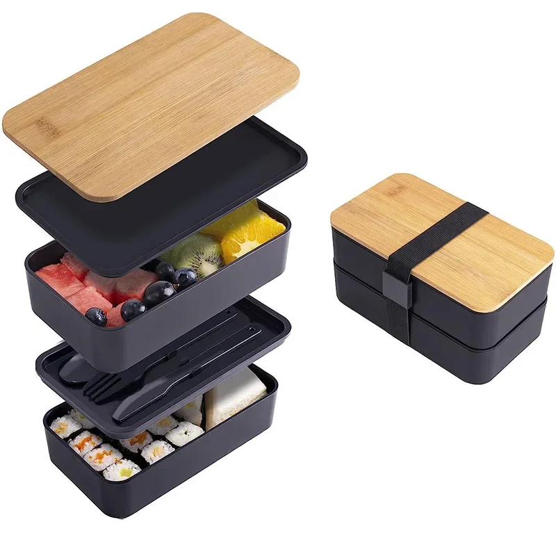 Bento lunchbox voor volwassenen, 2-laags voedselopslagcontainerset met bestek voor kinderen/kinderen, scherper magnetron- en vaatwasmachinebestendig