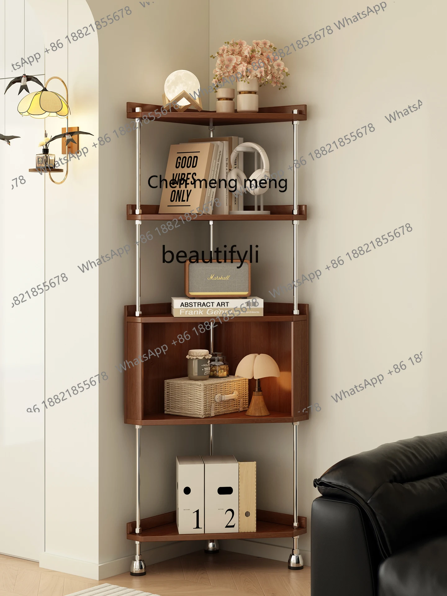 

X Solid wood corner rack Living room stainless steel triangular display cabinet Multifunctional, bedroom book, corner rack