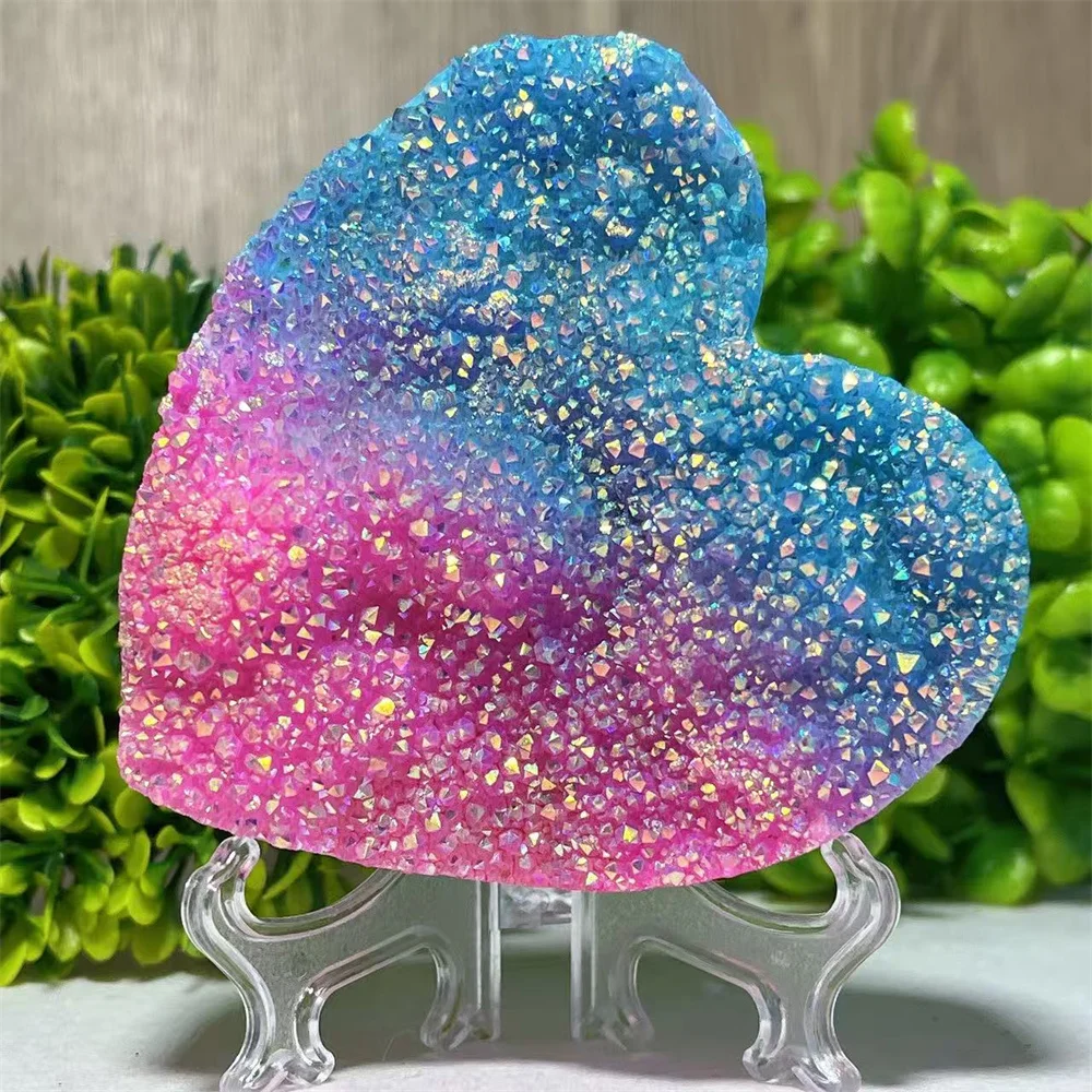 Druzy Aura Rainbow Heart Crystal Natural Carving Gemstone Meditation Reiki Healing Spiritual Reiki Home Decoration+Stand