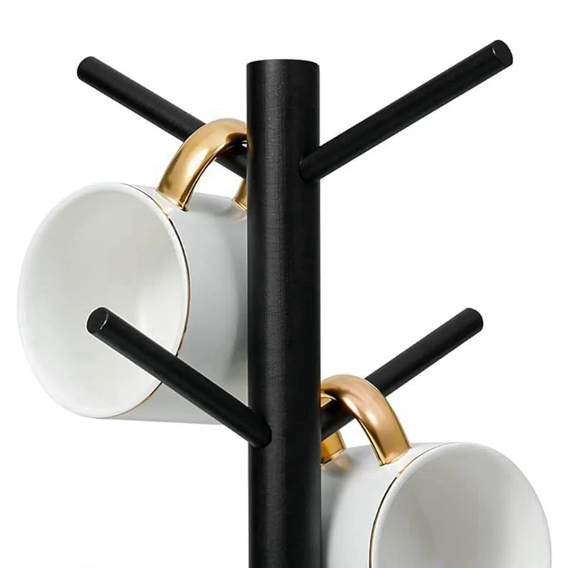 ABNO-bambusowy uchwyt na filiżankę kawy z 6 haczykami, pogrubiona podstawa, czarne drzewo kubków, stojak do przechowywania na ladę