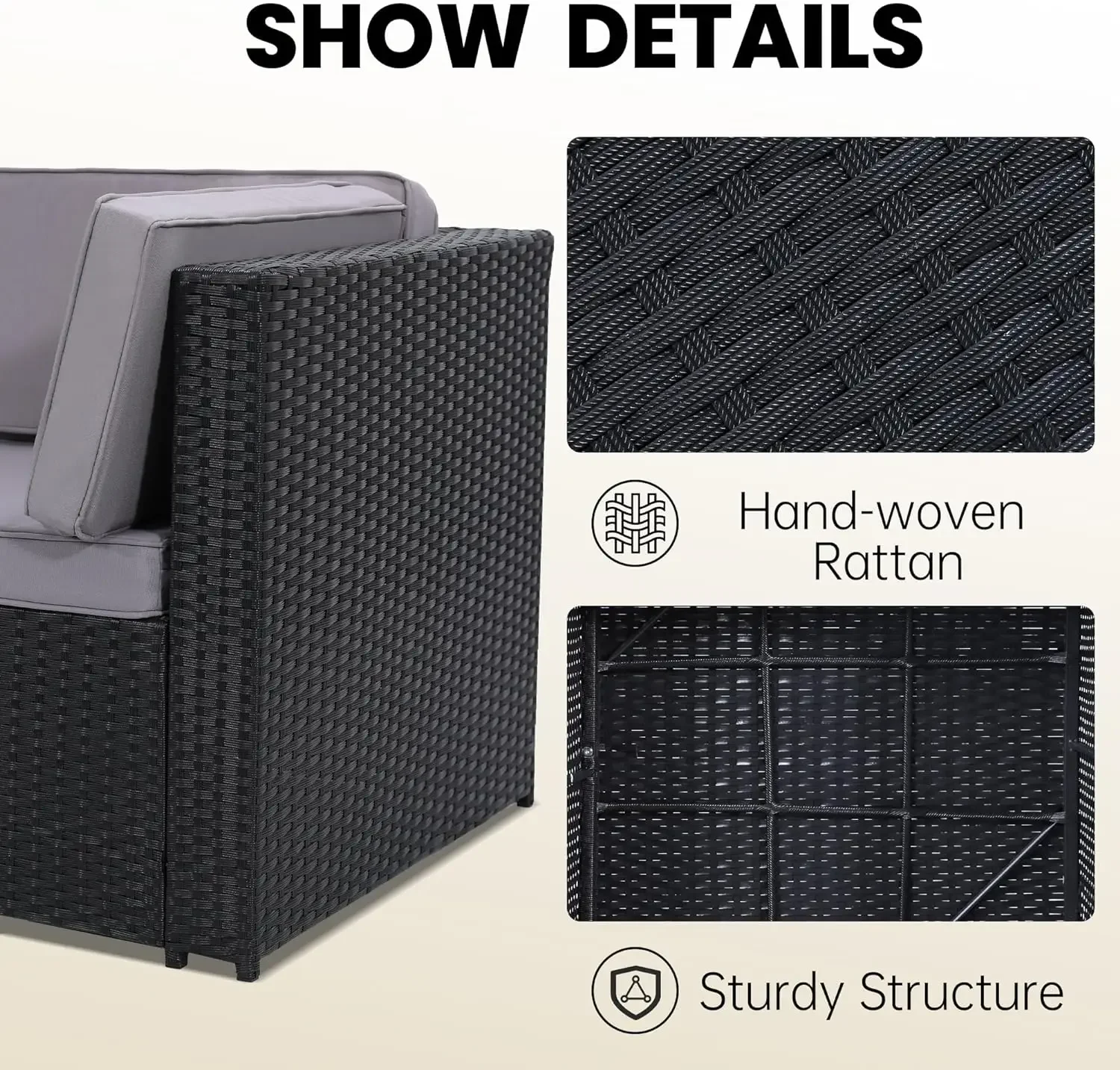 8 Pieces Outdoor Wicker Rattan Patio Furniture Sectional Set, Glass Top Table with Hidden Storage, Black Color Rattan