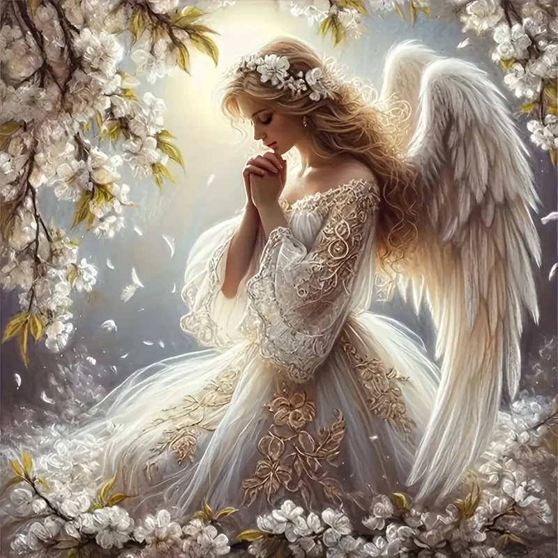DIY Praying White Angel Cherry Blossom Diamond Painting, Lace Dress Wing Angel Spring Flower Glow Wall Decor Gift