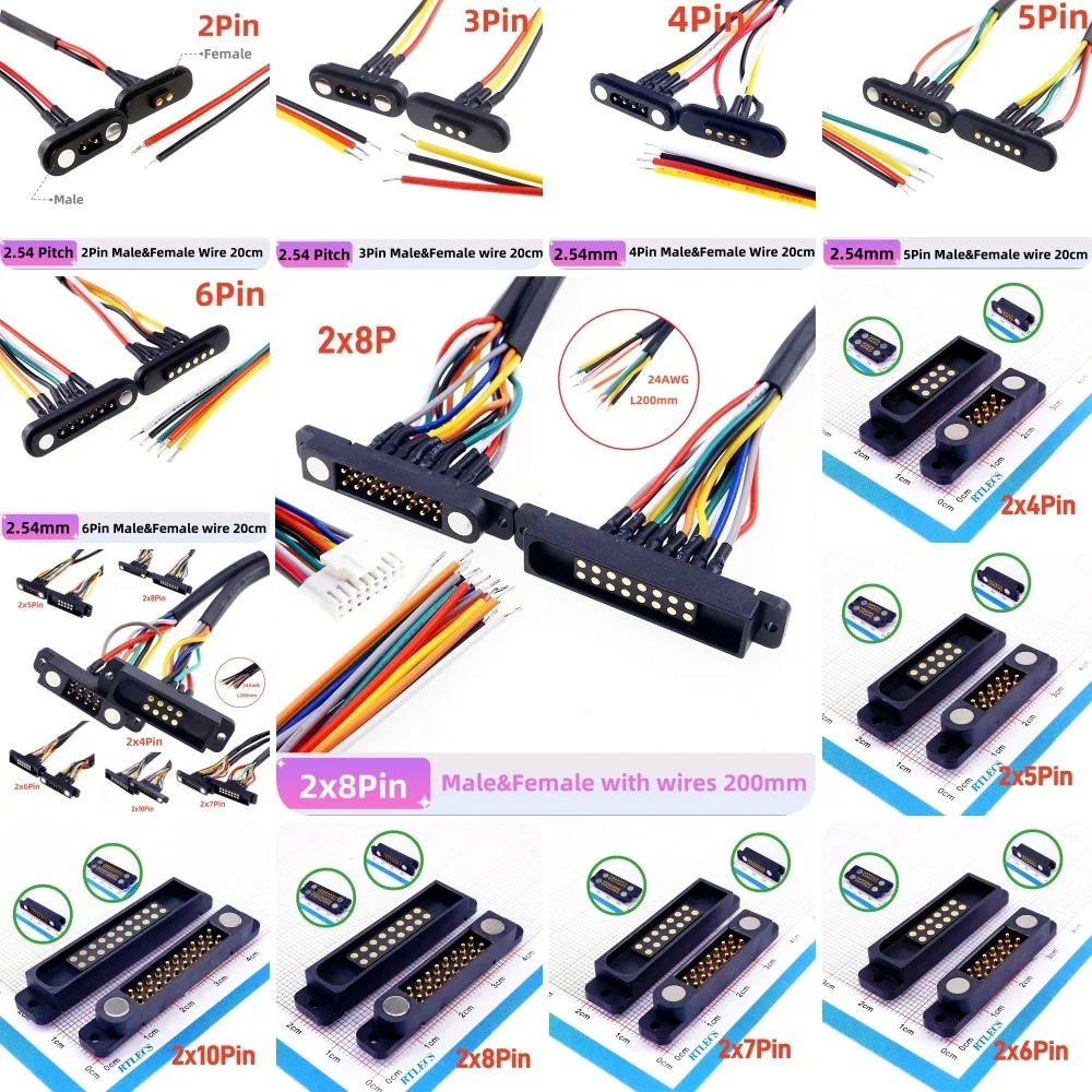 10/5/3/1 Pairs 2.54 MM Pitch High Current 2A Magnetic Pogo Pin Connector 2 3 4 5 6 8 10 12 14 16 20 Pin  Male Female PHB2.0 wire