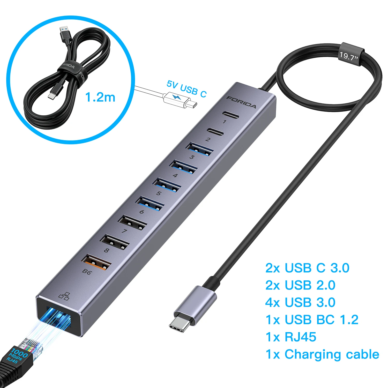FORIDA 10 IN 1 USB3.0 Hub With Ethernet Port,7 USB-A+2 USB-C 5V BC1.2 Charging Splitter For MacBook Laptop PC U Disk Mouse