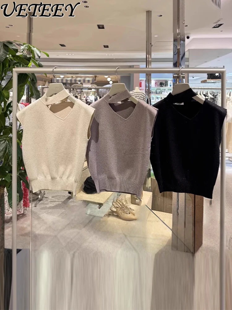 

Japanese Style Spring and Summer New Solid Color Simple Neck Jumper Fashionable Solid Color Sleeveless Knitted Sweater Top