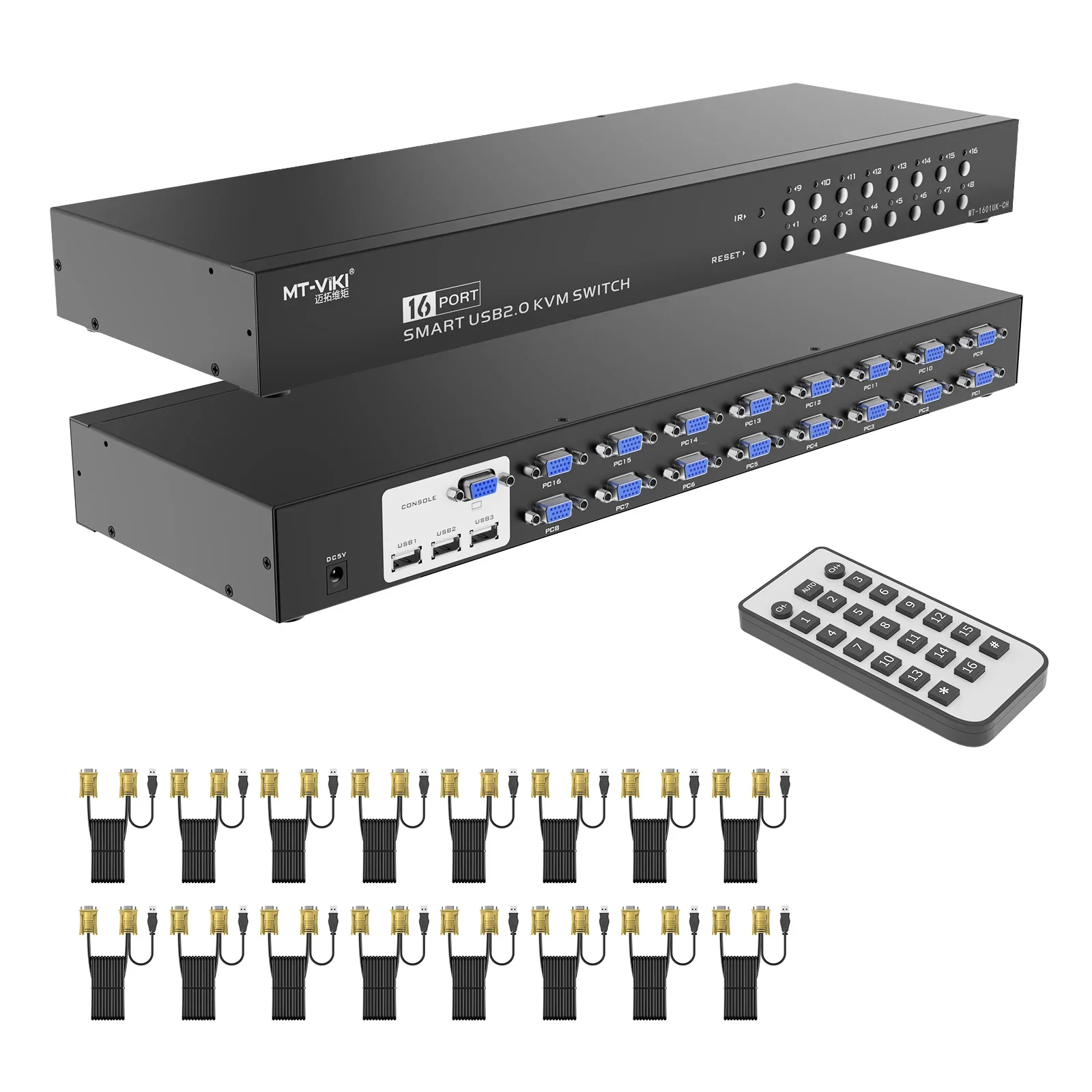 16 Port KVM Console VGA MT-VIKI Rackmount USB VGA KVM Switch 16x1 Switcher 16 In 1 Out + 16 Pack Cables