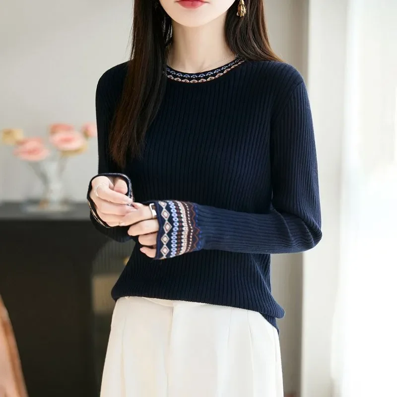 Women Retro Ethnic Jacquard Ribbed Knit Top Slim Long Sleeve Autumn Winter Sweater S-XXL