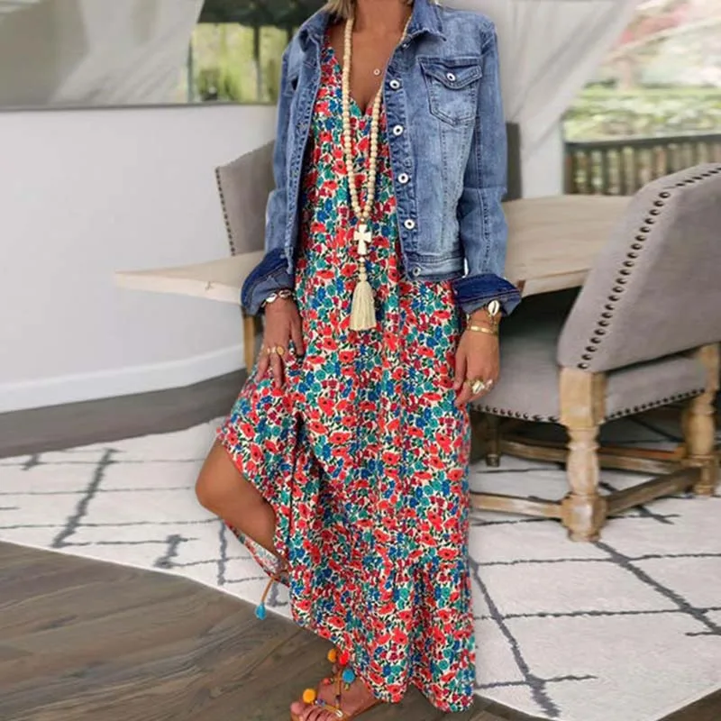 Elegante flor impressão solta suspensórios vestido de verão sexy profundo decote em v sem mangas bohe vestido longo 2023 moda feminina vestidos de festa