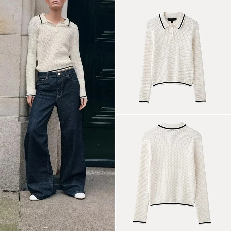 سترة نسائية بسيطة بأكمام طويلة وياقة بولو للربيع، تصميم بألوان متباينة على الحواف، أسلوب عملي، مصنوعة من ألياف البوليستر من ز...