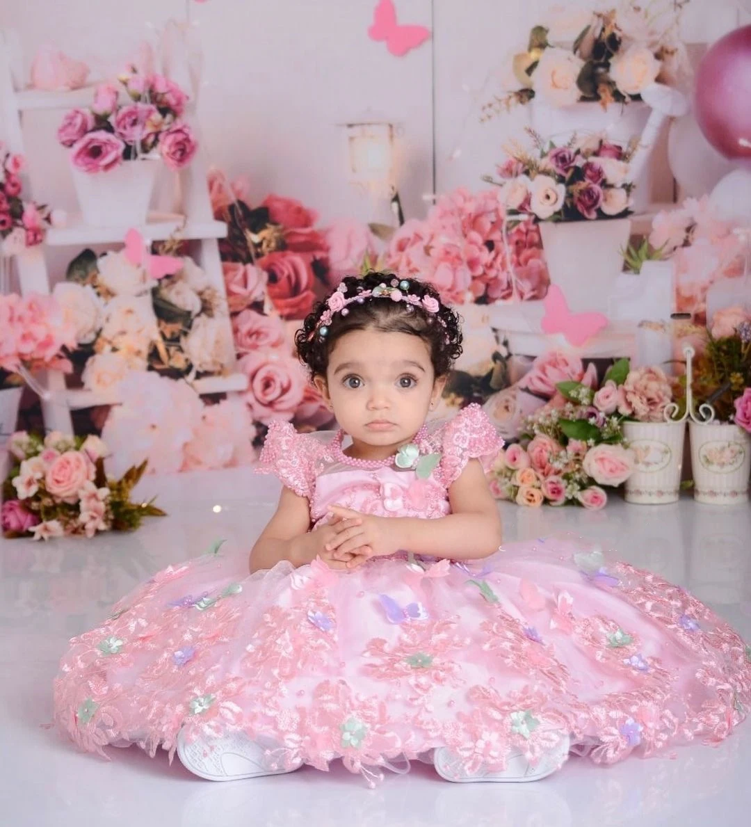 

Pink Pearls Luxury Flower Girl Dress For Wedding O-neck Tulle 3d Applique Puffy Kids Birthday First Communion Ball Gown