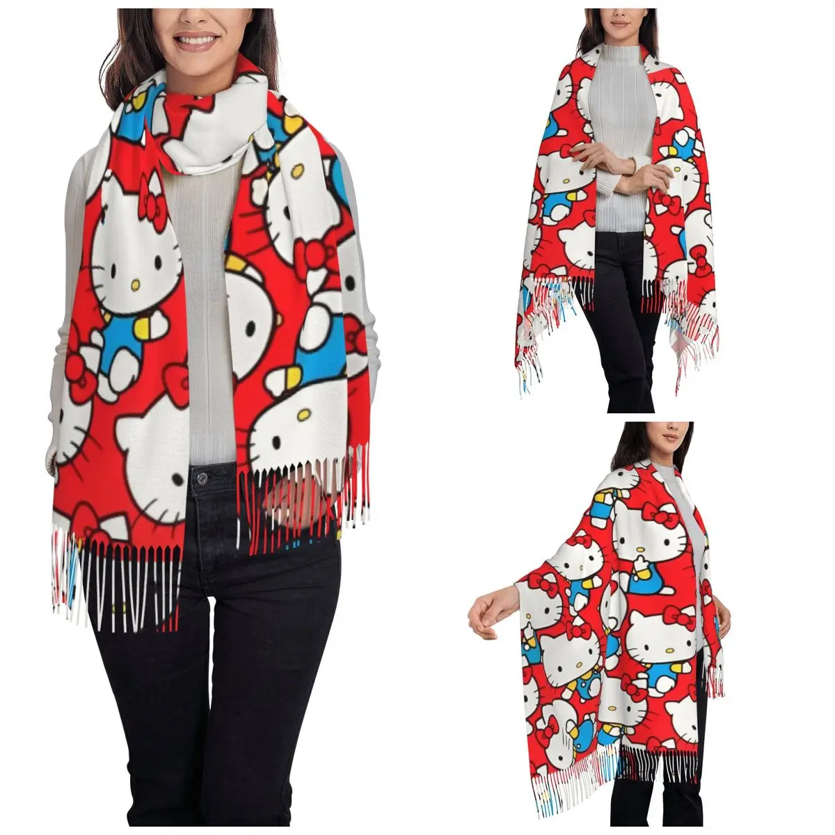 Hello Kitty Cute Scarf for Womens Fall Winter Cashmere Shawl Wrap Cartoon Cute Long Large Scarves with Tassel Ladies