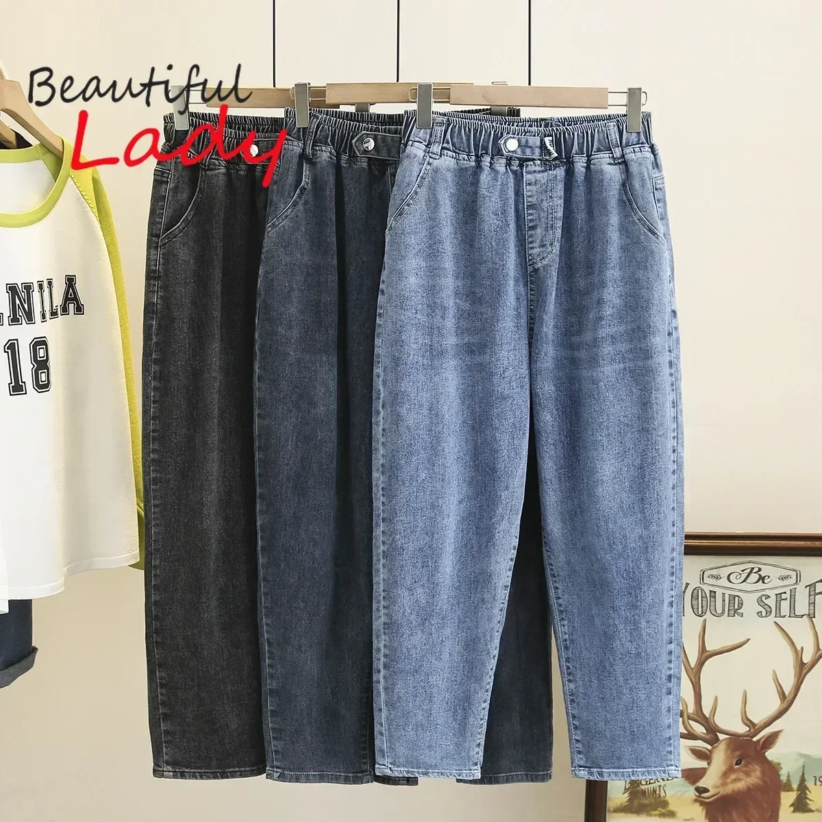 L-6XL plus tamanho grande calças de brim largas mulheres cintura alta jeans mulher mãe jeans solto denim harem calças cintura elástica azul