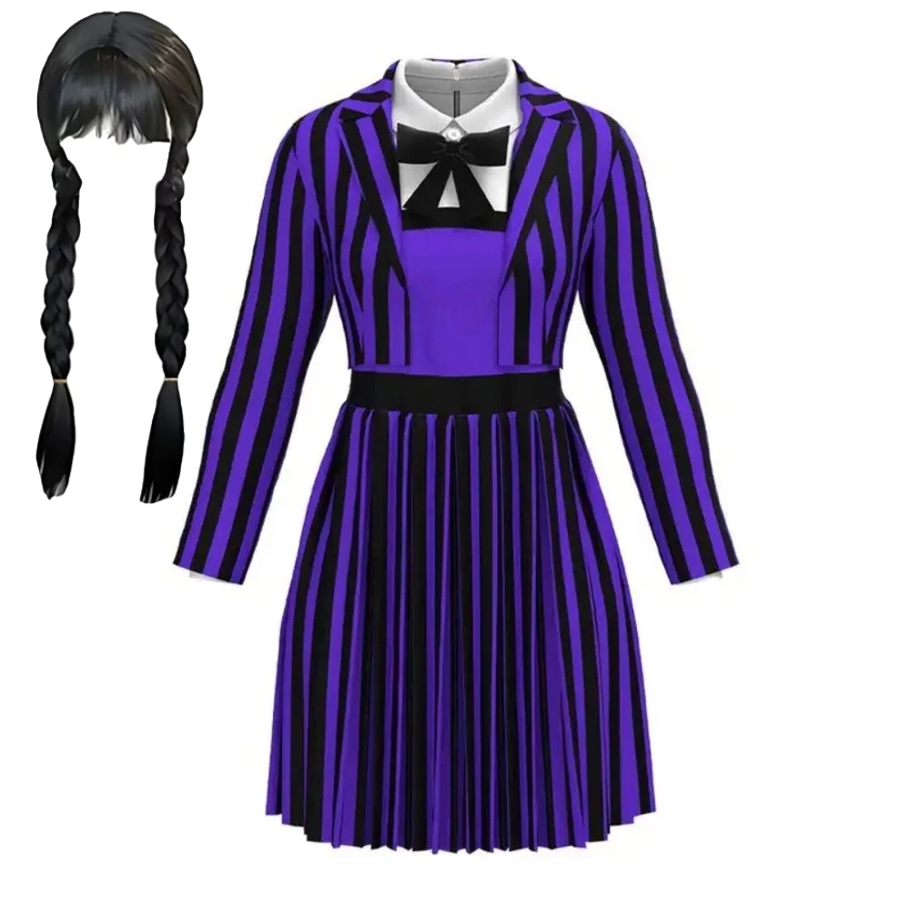 

Wednesdays Cosplay Adams Wig School Uniform Suit Wolf Girl Skirt Stripe Pattern Ladies' Traditional Costume Stage Performance