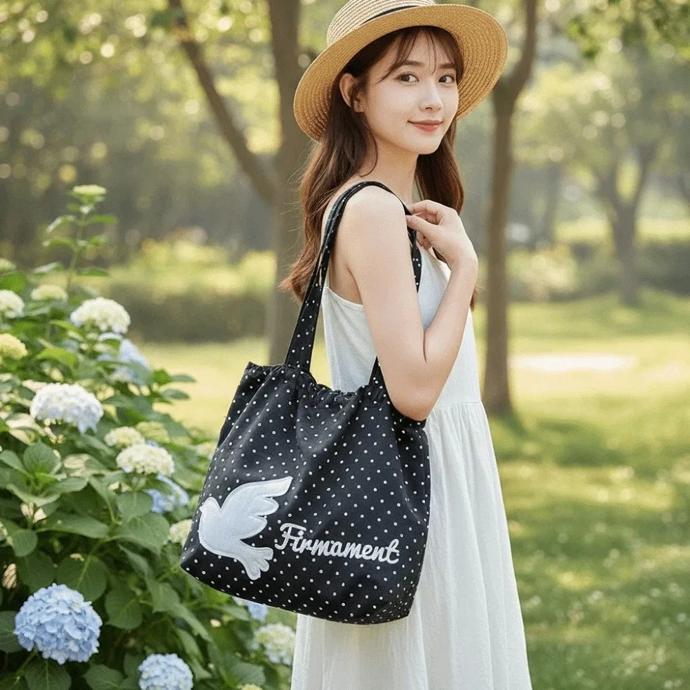 

Intricate Needlework Polka Dot Tote Bag Ultra-Lightweight Construction Durable Webbing Straps Floral Embroidered Pouch