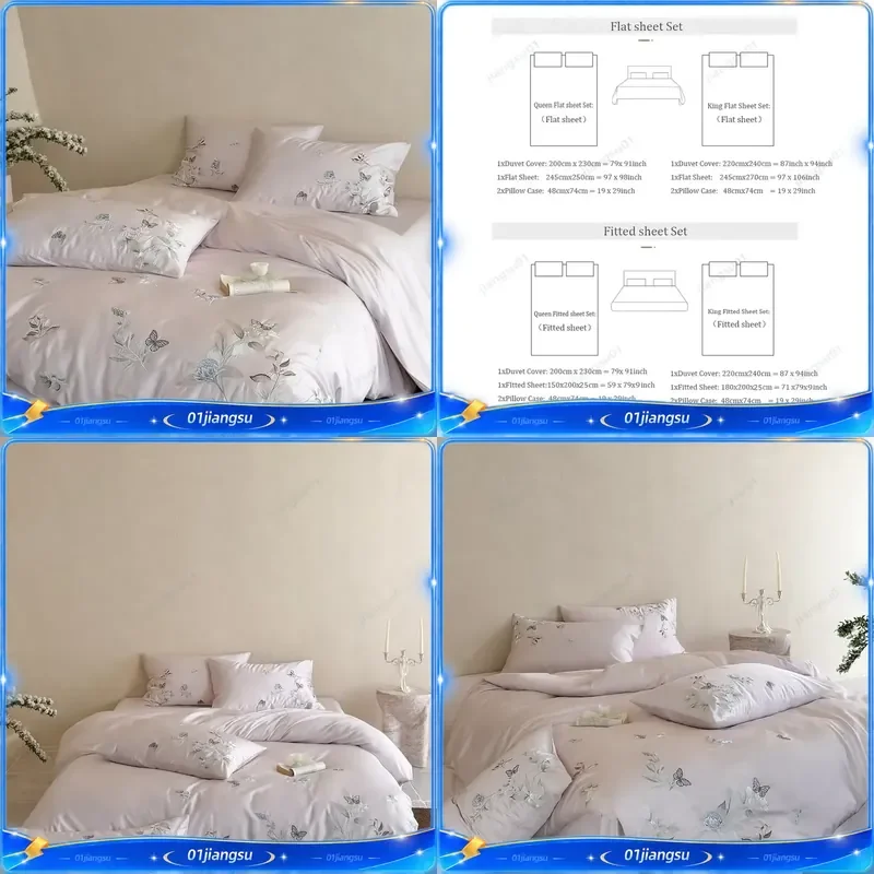 600TC Lyocell Cotton Bedding Set Butterfly Floral Embroidery Silky Soft Duvet Cover Flat Fitted Sheet Pillowcase 4Pcs Luxury