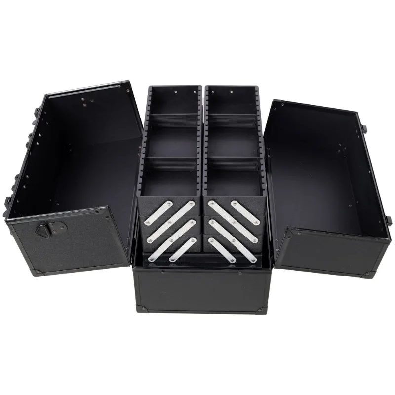 14Inch Large Black Professional Multi‑layer Foldable Makeup Case Large Capacity Cosmetic Storage Box Lockable Design Compartment Organizer with Mirror Portable Beauty Train Case for Home Dressing Table Outdoor Makeup Work