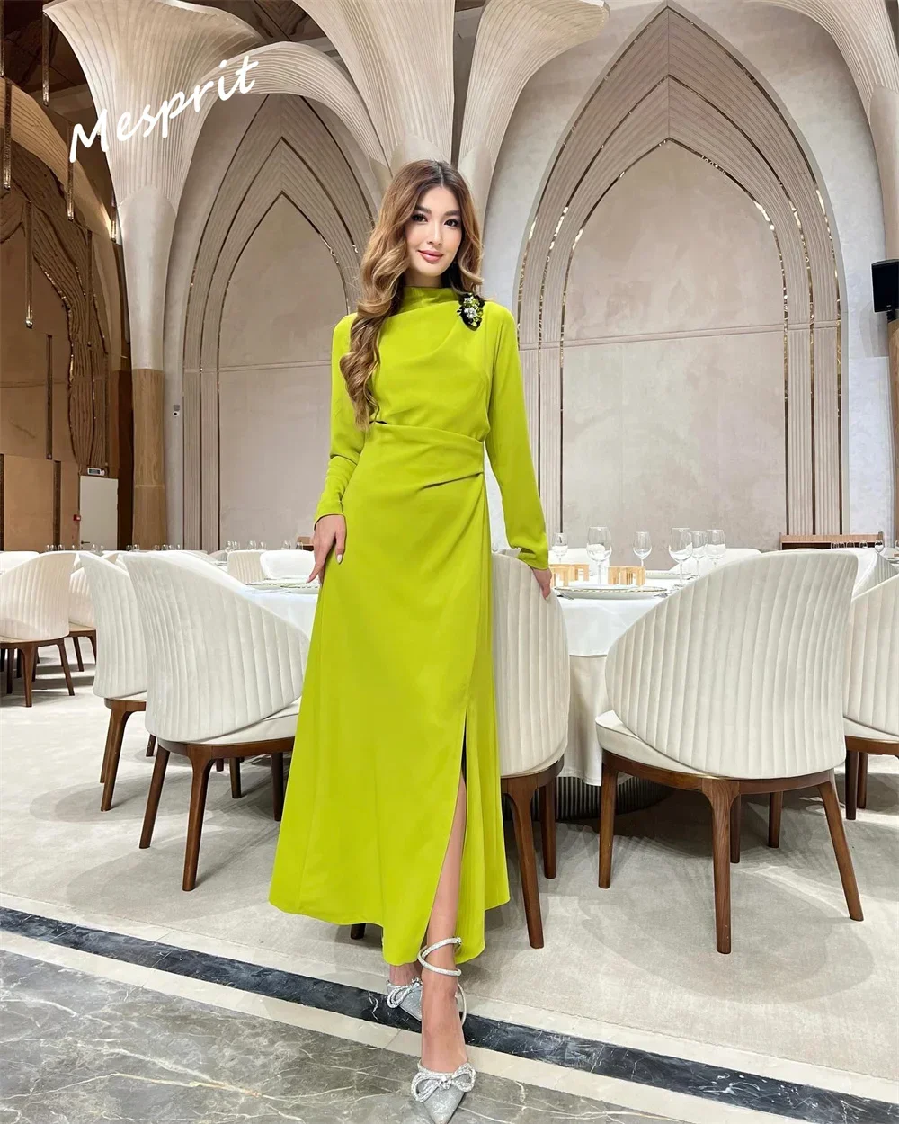 Prom Dress    Fashion High Collar A-line Anke Length Party es Beading Chiffon Customized Saudi Arabia