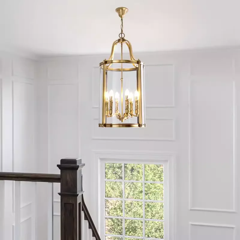 American Country Gold Chandelier Vintage Copper Glass Birdcage Pendant Lamp Hotel Lobby Aisle Corridor Restaurant Cylinder Light