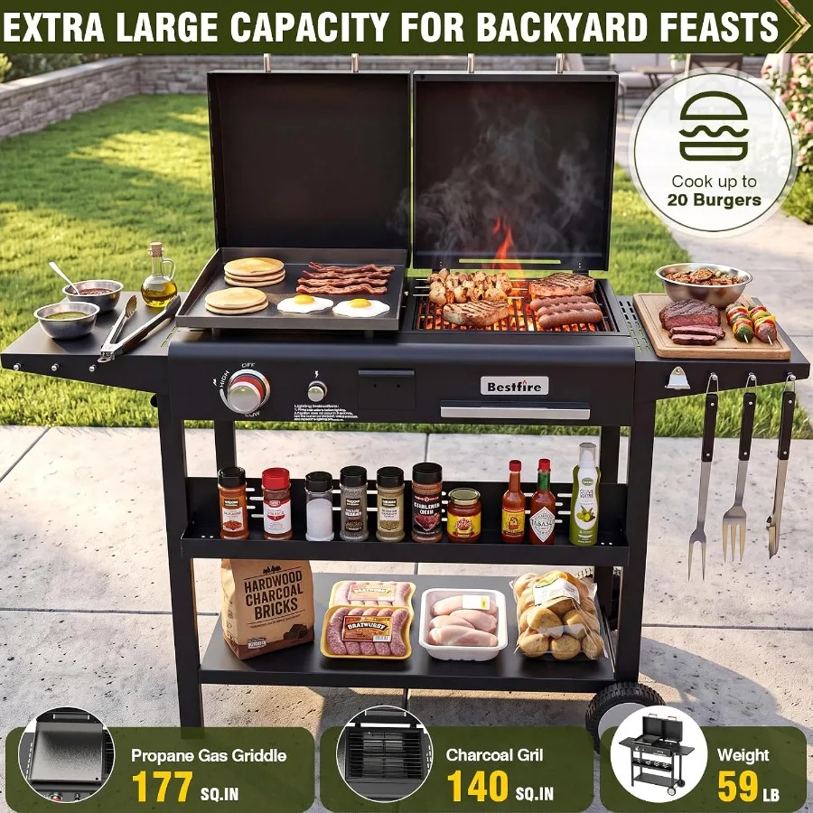 Dual Fuel Gas & Charcoal Grill Combo, 327 Sq.In Flat Top Griddle with Cast Iron Surface, Dual Lids, Side Shelves, Slidable Grease & Ash Trays