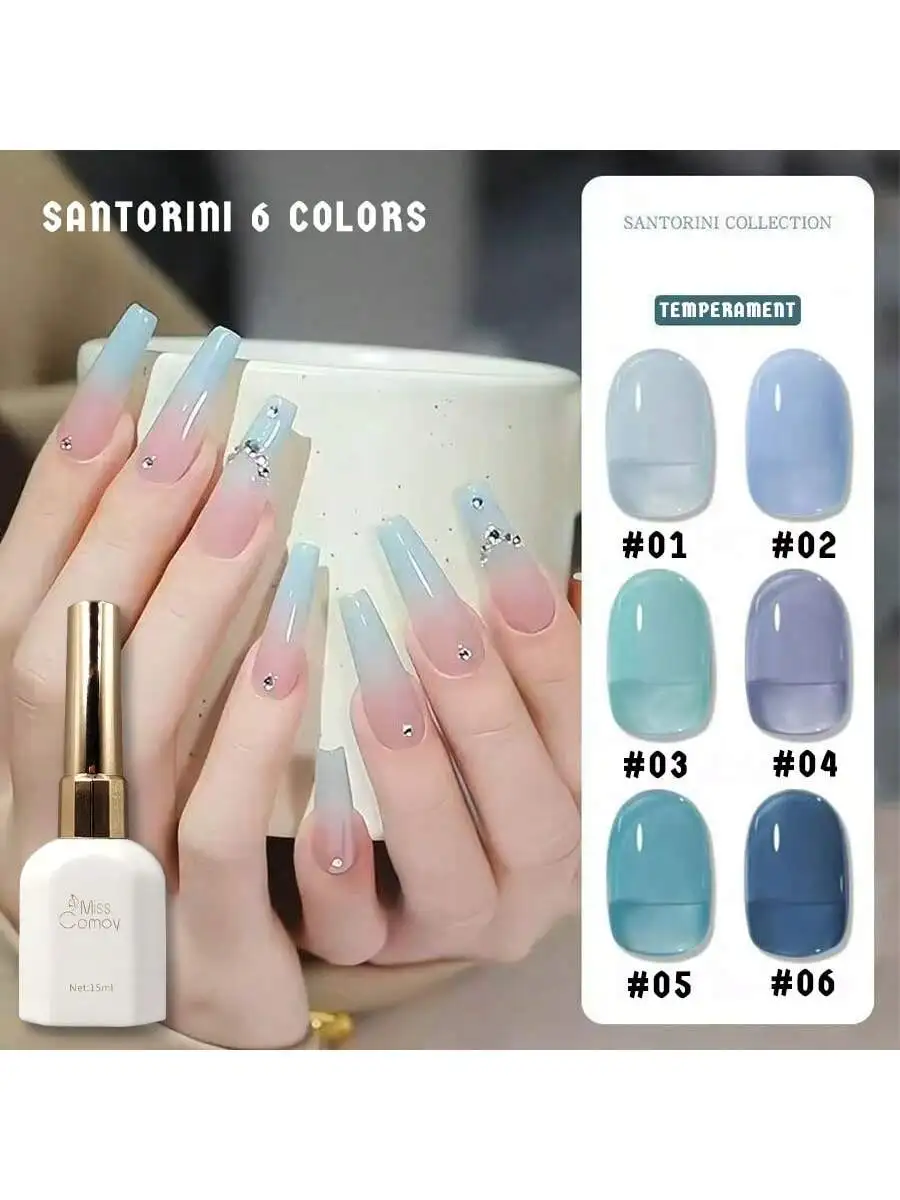 

1-6pcs Miss Comoy 15ml Santorini 6-color Set:2025 ice-transparent blue polishes-sky/mint blue,spring/summer salon/DIY staple.
