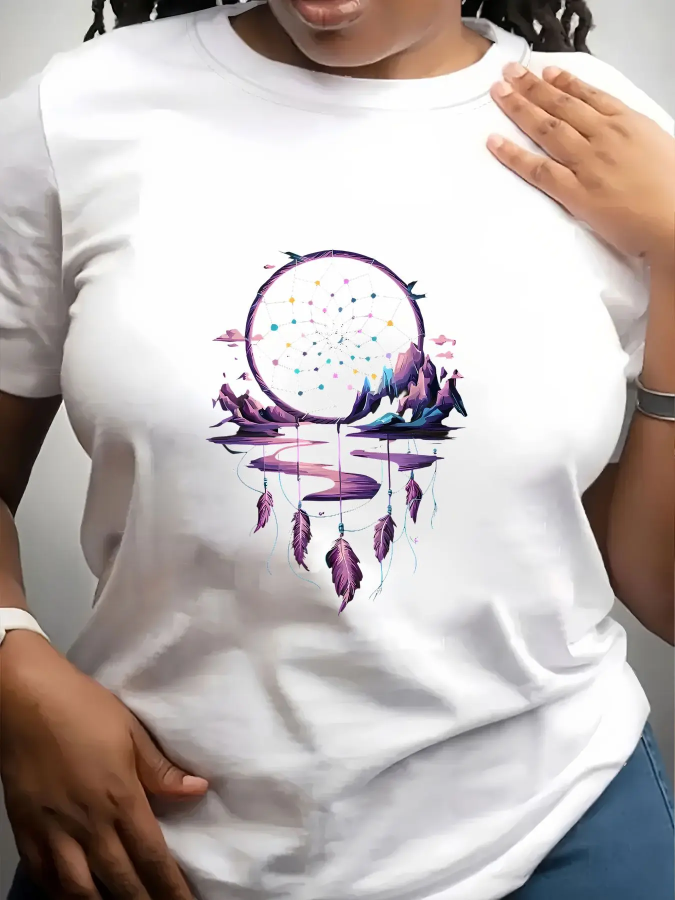 Women's Trendy Crew Neck T-Shirt Dreamcatcher with Purple Mountains Reflection Suitable for Casual Sportswear