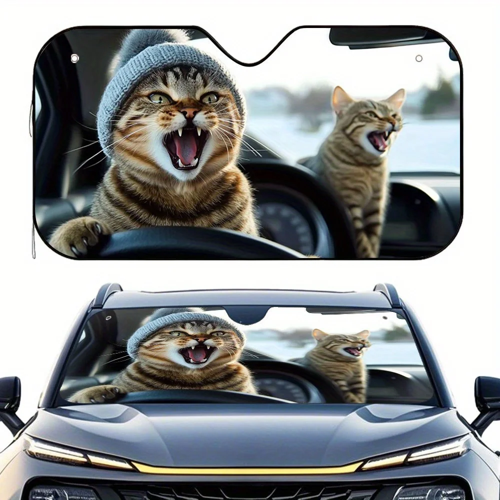 1pc Cat Driving Happily Design Car Sunshade - Foldable & Stylish Front Windshield Cover With 4 Suction Cups, Space-Saving Storag