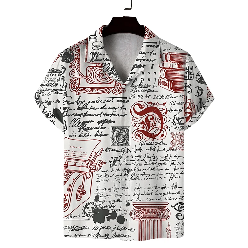 Men's summer Cuban collar short-sleeved shirt retro style old newspaper print shirt casual comfortable versatile breathable
