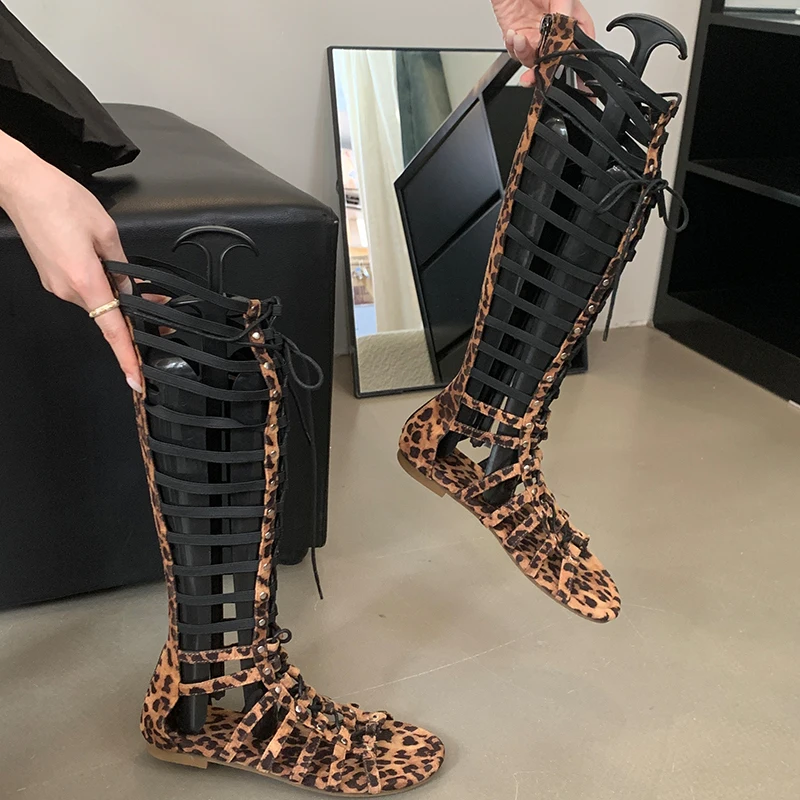 Western Roman Boots For Womens Modern Cross-Tied Solid Ladies Long Boots 2024 Zipper Footwear Knee-High Leopard Female Shoes