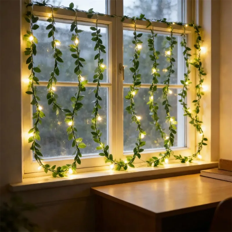 Battery Operated Wedding Garland LED Artificial Green Rattan Leaf Fairy Lights String Outdoor Garden Room Ramadan Decoration