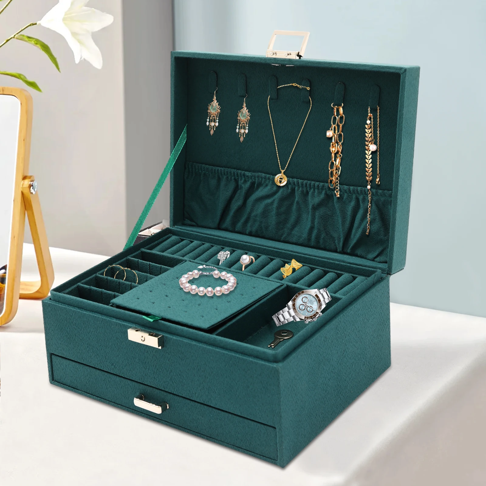 3 Layers Suede Fabric Jewelry Box Organizer Functional Lockable for Women Girls and Hanging Bracelets, Necklaces, Jumper Chains