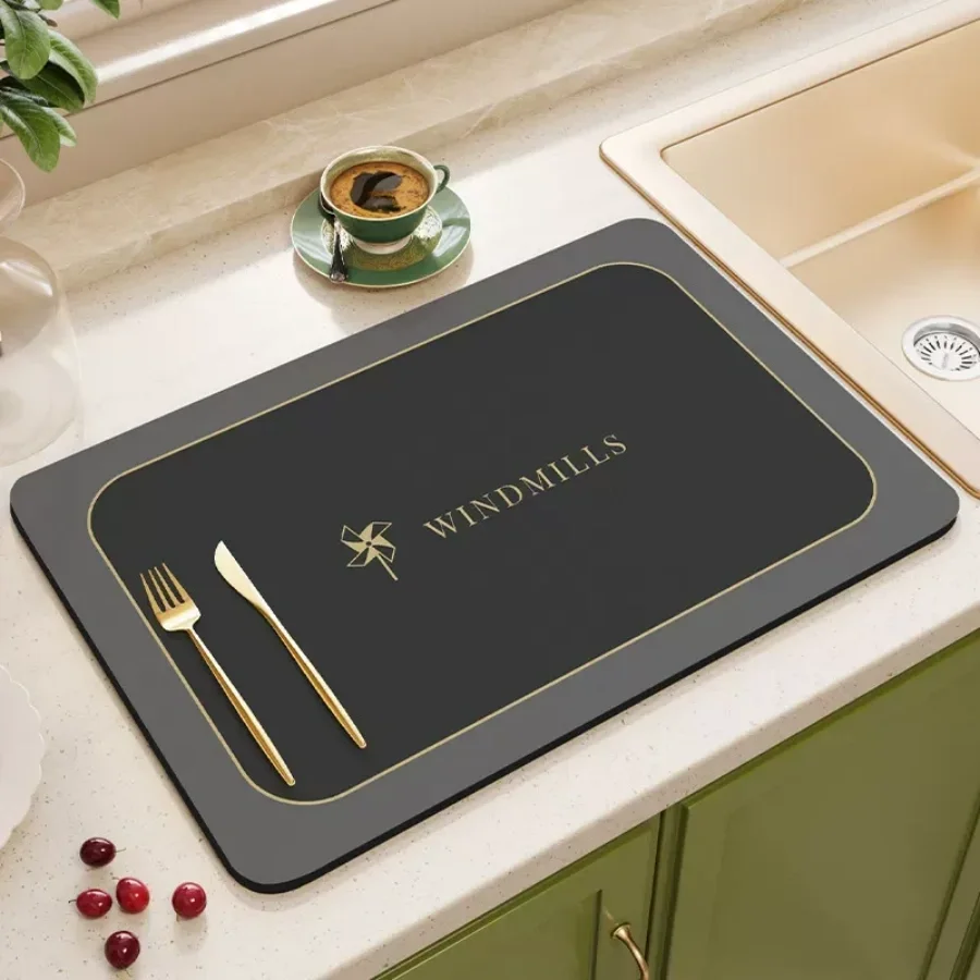 Dark Draining Mat with Windmill Design Super Absorbent Quick Dry Pad for Kitchen Counter Coffee Station Heat Resistant Non-Slip