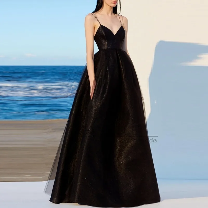 

GIYSILE Customized Black Suspender V-neck Evening Dress Fashion Female 2025 New Temperament Birthday Party Dress Zipper Back