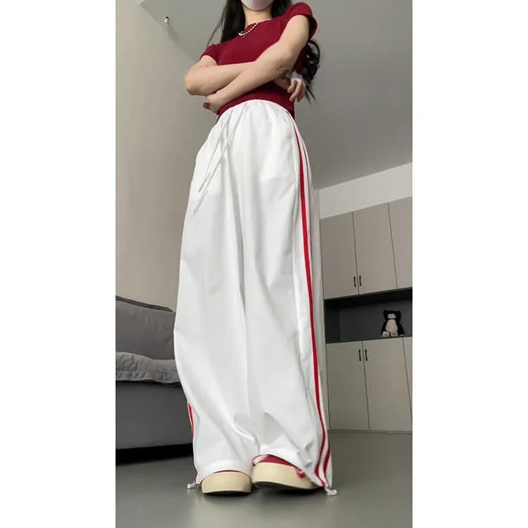 Nuevo 2025, pantalones blancos a rayas Qui Dry para mujer, pantalones finos de seda helada de verano, dos prendas de protección solar, pantalones de pierna ancha sueltos, pantalones coreanos Sle