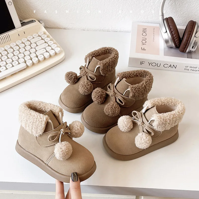 New Fleece-Lined Girl Winter Plush Snow Boots Anti-Slip Soft Sole Short Boots Kids Comfortable Warm Cotton Shoes Babies Children