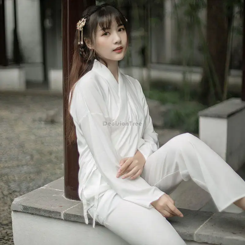 2025 hanfu men women couple chinese style white cross collar top long pants pajamas daily spring autumn hanfu undergarment s697